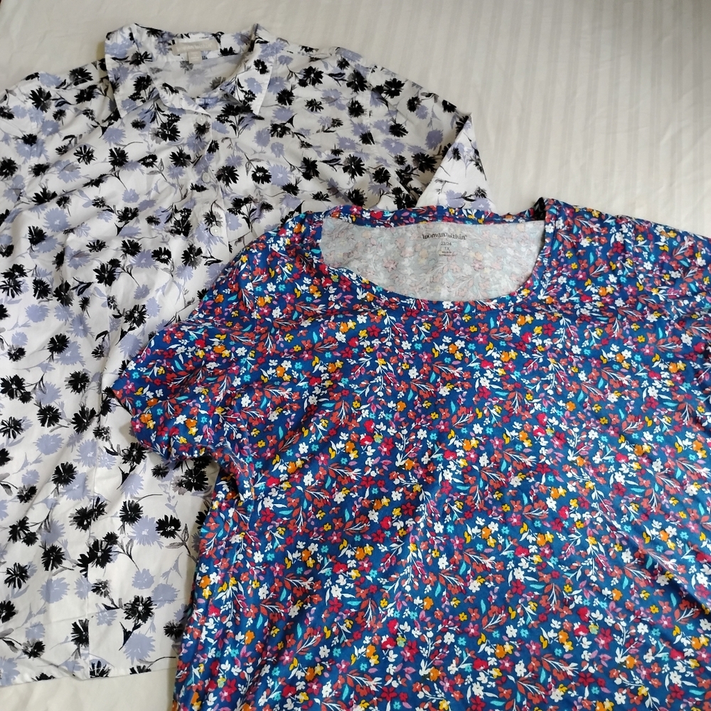 Floral Print Catherines Blouses 1x Set of Two Button Down Cotton Office Casual